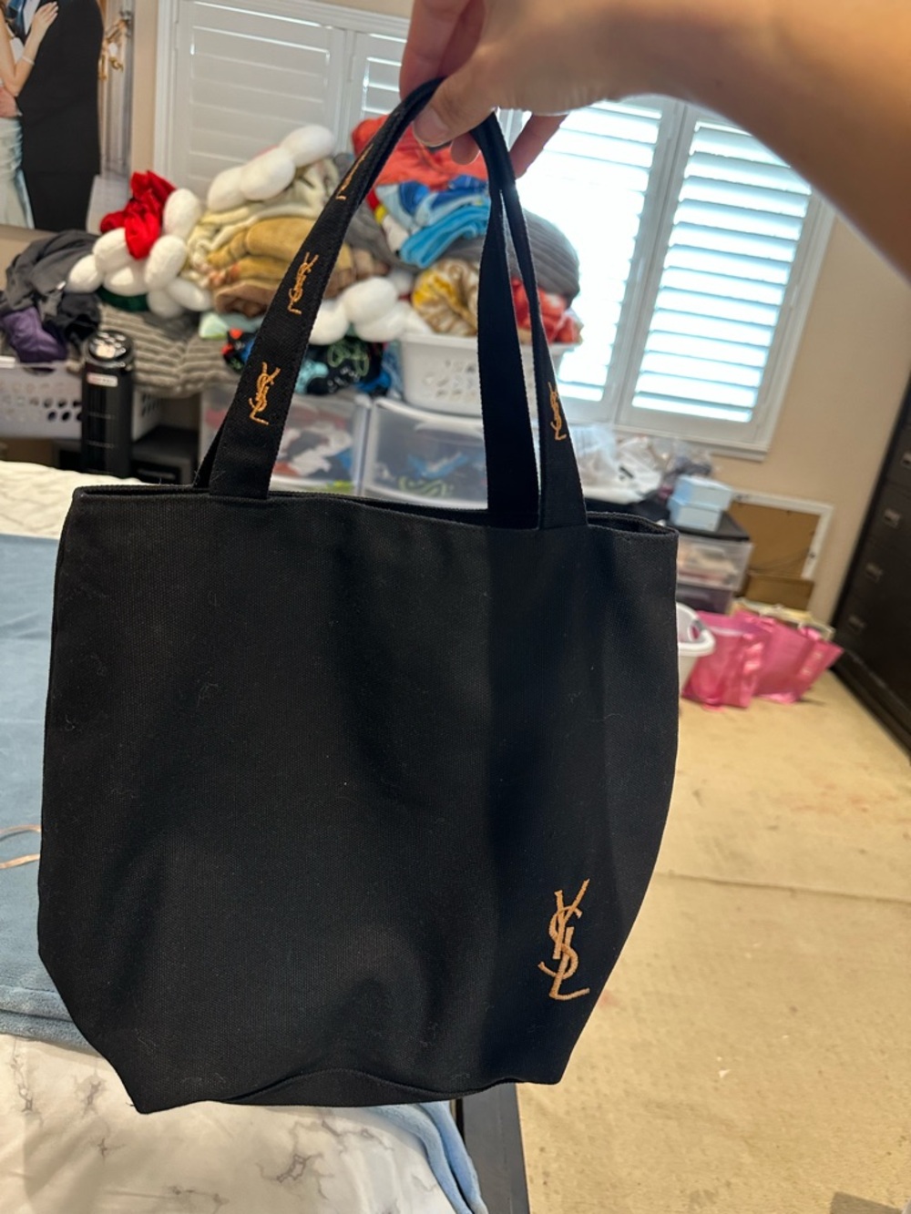 Yves Saint Laurent Black Canvas Tote with Gold YSL Accents